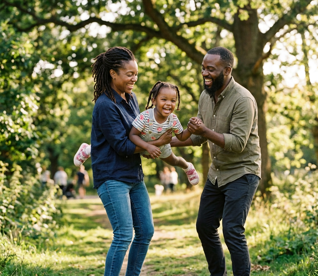 Parents playfully hold their laughing daughter on a wooded park path